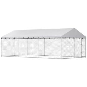 Heavy Duty Outdoor Dog Kennel with Waterproof Roof, 2 Secure Latches, Chain Link Dog Run for Backyard, 20' x 10' x 7'