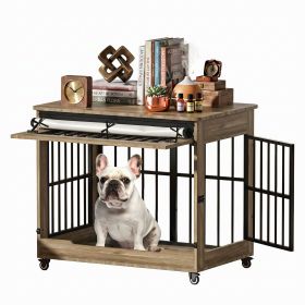 38" Dog Crate Furniture, Double Door Wooden Indoor Dog Kennel Furniture, Size L (Color: GREIGE)